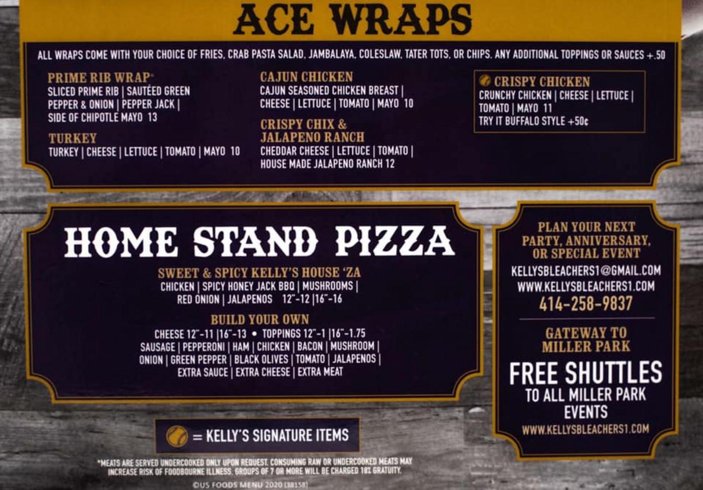 KELLY'S BLEACHERS MENU