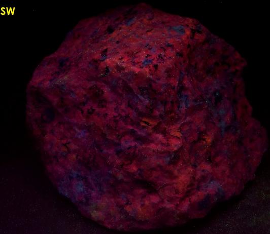 fluorescent SODALITE, ACMITE AEGIRINE - Poudrette quarry (Demix quarry; Uni-Mix quarry; Desourdy quarry; Carrière Mont Saint-Hilaire; MSH), Mont Saint-Hilaire, La Vallee-du-Richelieu RCM, Monteregie, Quebec, Canada