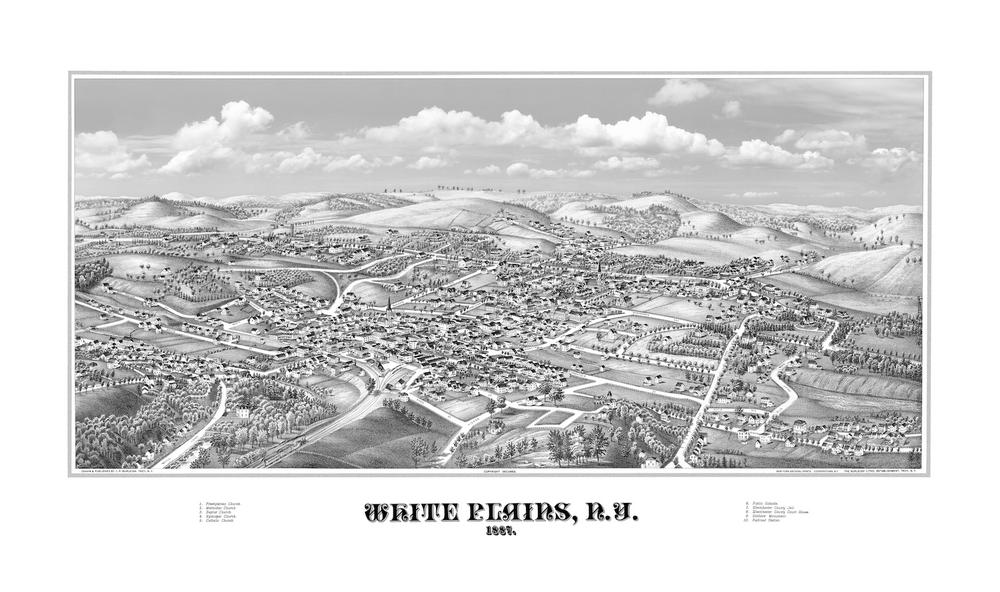 White Plains, N.Y. 1887 Birds Eye View - Map -Panoramic Aero View - Lucien R. Burleigh - Restored Enhanced Lithograph Reproduction - New York Archival Prints, Cooperstown N.Y.