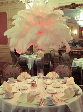 Hourglass gold stand ostrich feathers centerpiece - RentalCenterpiece