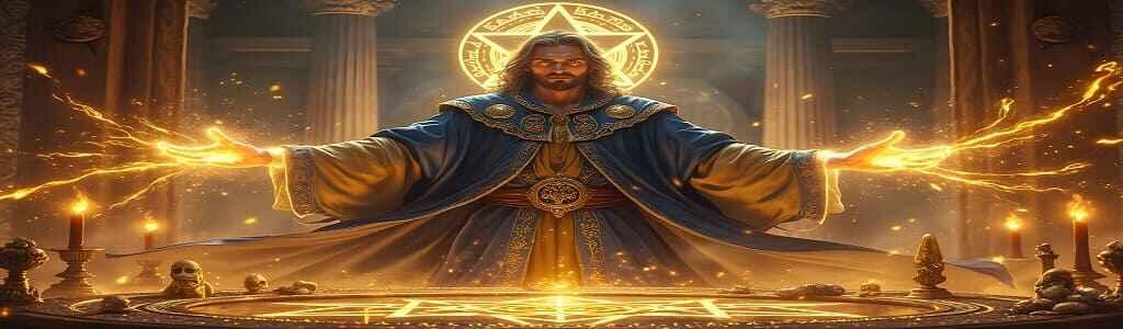 A commanding spell caster in a flowing midnight-blue robe, embroidered with golden sigils, channels radiant streams of energy at a spellcasting altar. Surrounded by celestial symbols and glowing artifacts, he conjures Perpetual Blessings to bring dreams to life.