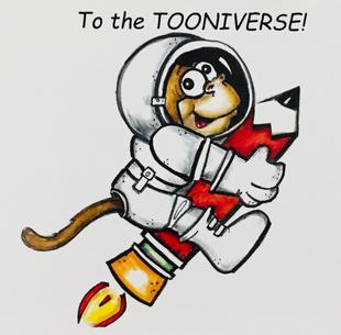 To the Tooniverse! A monkey holding a pencil rocket ship