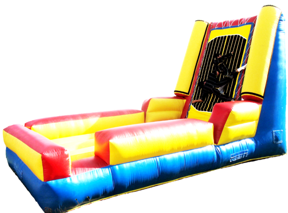 This is a fun filled interactive game for participants of all ages. Those participating bounce from an area onto a strong Velcro wall.