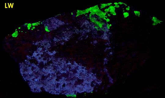 fluorescent WILLEMITE and HYDROZINCITE, ZINCITE, FRANKLINITE,Sterling Mine, Sterling Hill, Ogdensburg, Franklin Mining District, Sussex County, New Jersey, USA