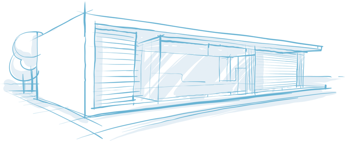 Line drawing of a modern garden room used by Robertson Garden Rooms in Essex