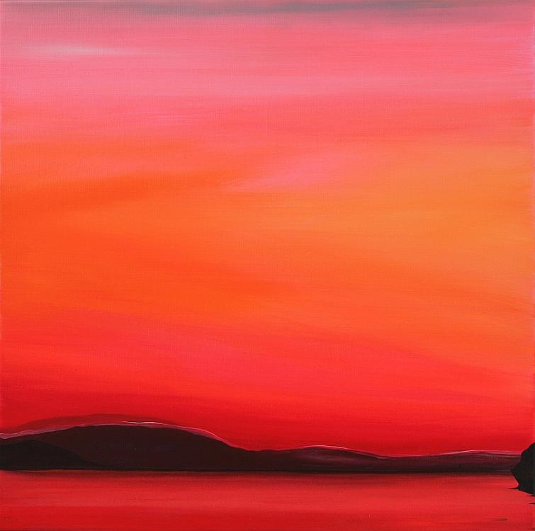 Red Sunset. 60x60cm. Acrylic on canvas, varnished matte. A Lake View painted by Orfhlaith Egan, Berlin and Cornamona.