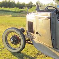 Image of a classic car on the grass with a forest in the background