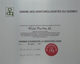 Diplôme Ordre des Denturologistes du Québec Michel Puertas Denturologiste Brossard-Laprairie