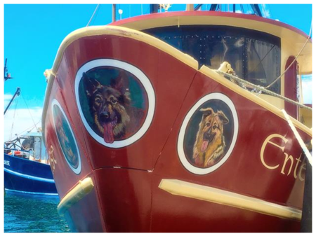Dog portraits hand painted on fishing boat