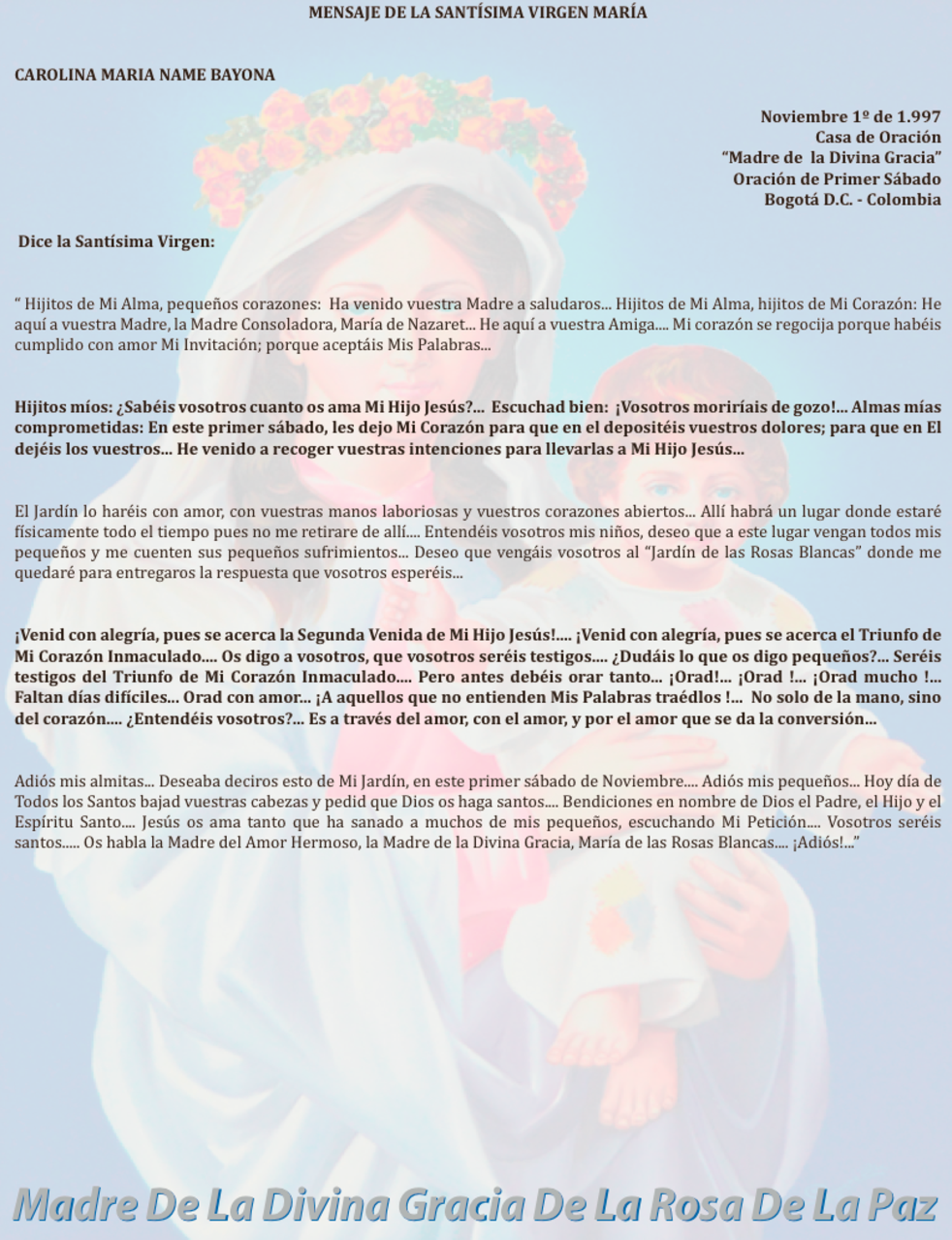 NOVIEMBRE 01 de 1997 Bogotá Colombia - mensaje de la virgen