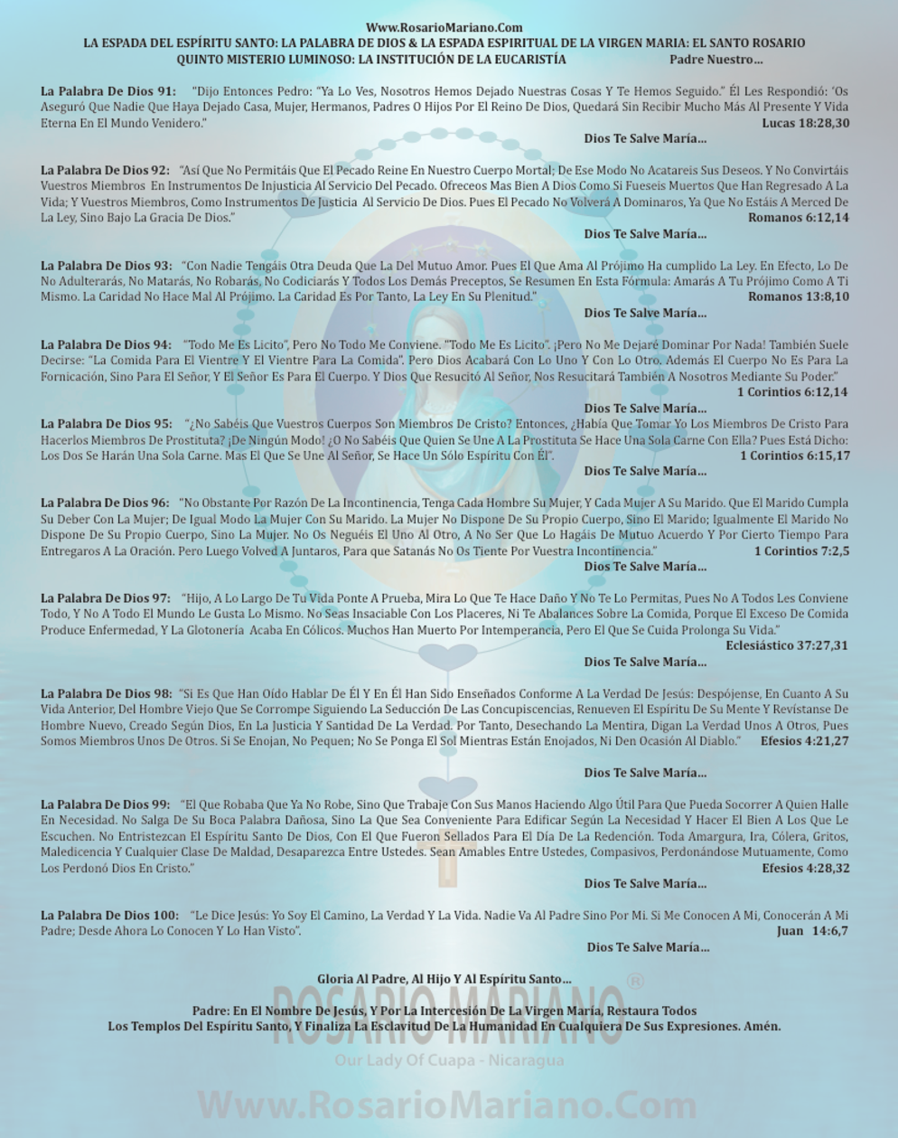CITAS BIBLICAS QUINTO MISTERIO LUMINOSO; LA INSTITUCION DE LA EUCARISTIA - LA ESPADA DEL ESPIRITU SANTO: LA PALABRA DE DIOS Y LA ESPADA ESPIRITUAL DE LA VIRGEN MARIA: EL SANTO ROSARIO; FUNDIDAS CON LA ORACION DE CORAZON DE ROSARIO MARIANO