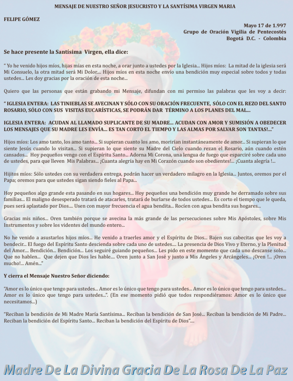 MAYO 17 de 1997 Bogotá Colombia - FG mensaje de la virgen