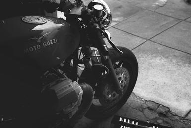 lifestyle motorcycle garage black and white