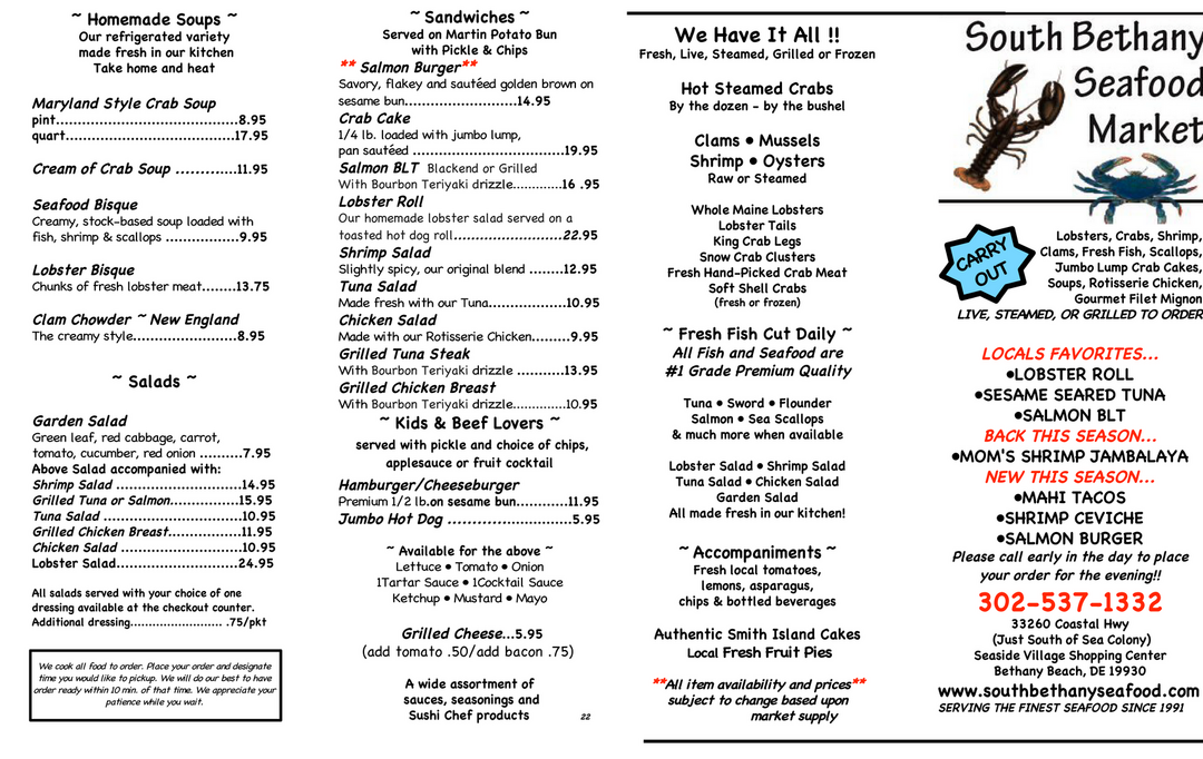 South Bethany Seafood Market Menu