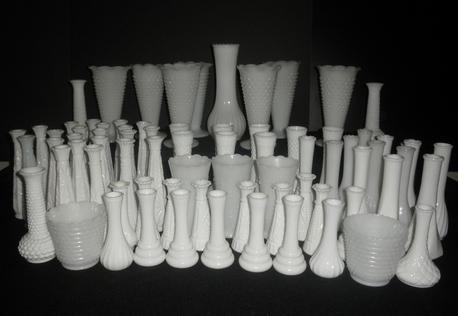 Rent Your Event, LLC in Mint Hill, NC has 105 pieces of matching vintage milk glass vases for rent in various sizes.