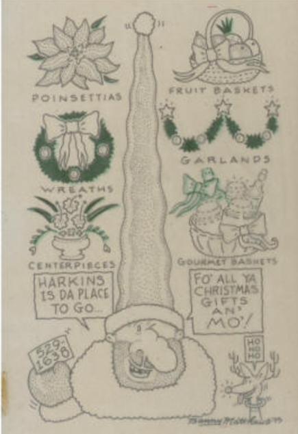 A hand-drawn cartoon of Vic as Santa with a tall hat surrounded by the available holiday products