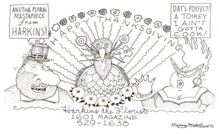 A hand-drawn cartoon of Vic and Nat'ly admiring a turkey-shaped flower arrangment from harkins