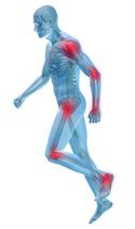 See through human running with spine showing through and red glowing joints