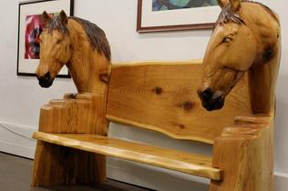 Custom wood carving, wooden horse bench