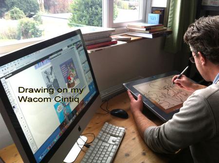 Photograph of the Cartoonist at work making a cartoon logo