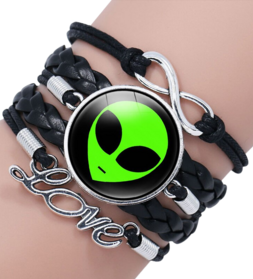 Green Alien Friendship Leather Bracelet Multilayer Glass Cabochon Bangle Bracelets Handmade Children's Gifts