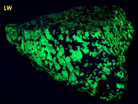 fluorescent WILLEMITE, red ZINCITE, black FRANKLINITE - Franklin Mine, Franklin, Franklin Mining District, Sussex County, New Jersey, USA, type locale, gneiss ore