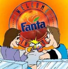 cartoon couple advertising for Fanta with logo