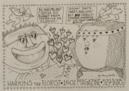 A hand-drawn cartoon of a man giving a woman flowers from harkins while she wonders where her Valentine's candy is