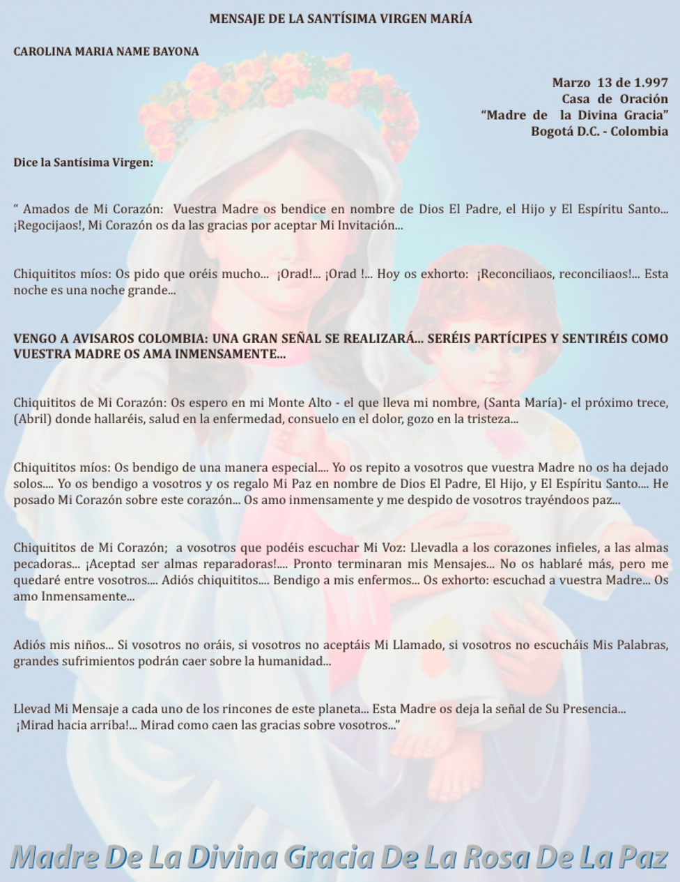 MARZO 13 de 1997 Bogotá Colombia - mensaje de la virgen