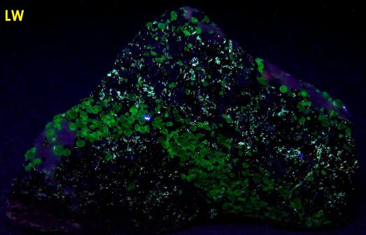 fluorescent WILLEMITE, ZINCITE, FRANKLINITE, Sterling Mine, Sterling Hill, Ogdensburg, Franklin Mining District, Sussex County, New Jersey, USA