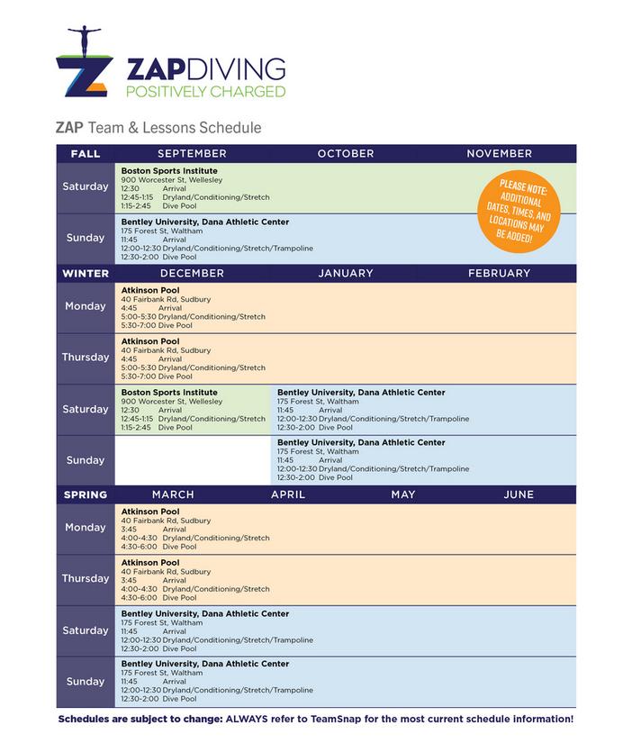 ZAP Diving 2025 Team & Lessons Schedule