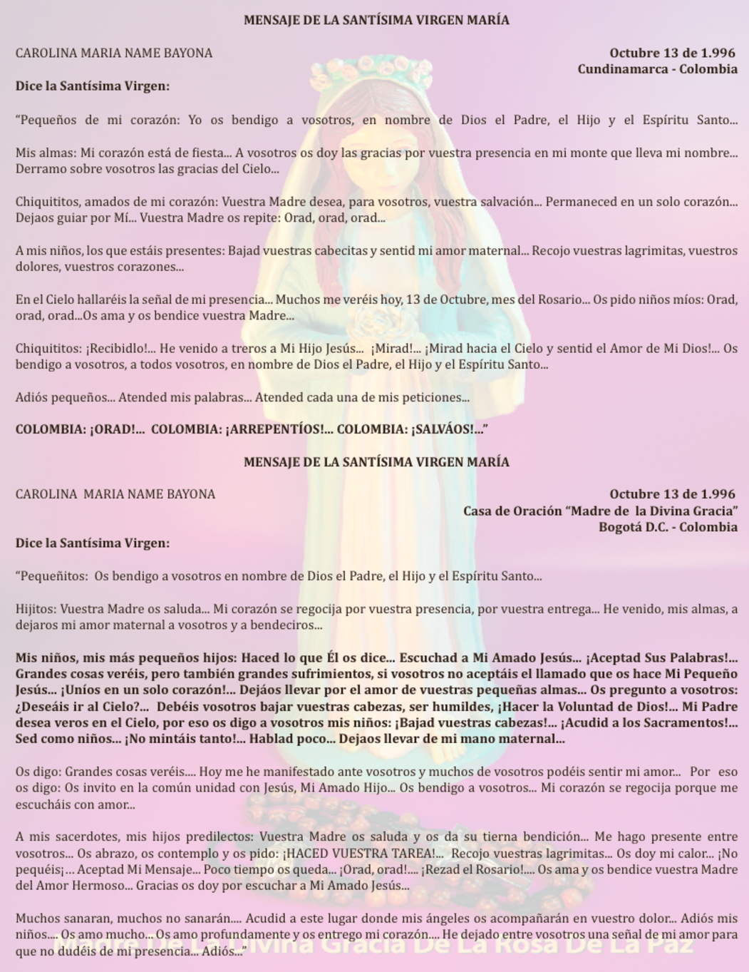 OCTUBRE 13 de 1996 Bogotá Colombia - mensaje de la virgen