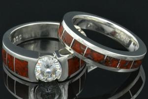 Dinosaur bone engagement ring and wedding band in sterling silver