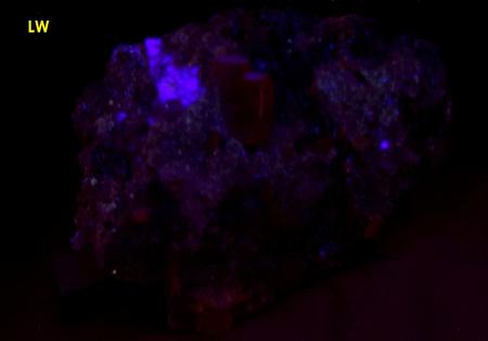WULFENITE with fluorescent FLUORITE, ARAGONITE, Red Cloud Mine, Silver District, Trigo Mountains, La Paz County, Arizona, USA