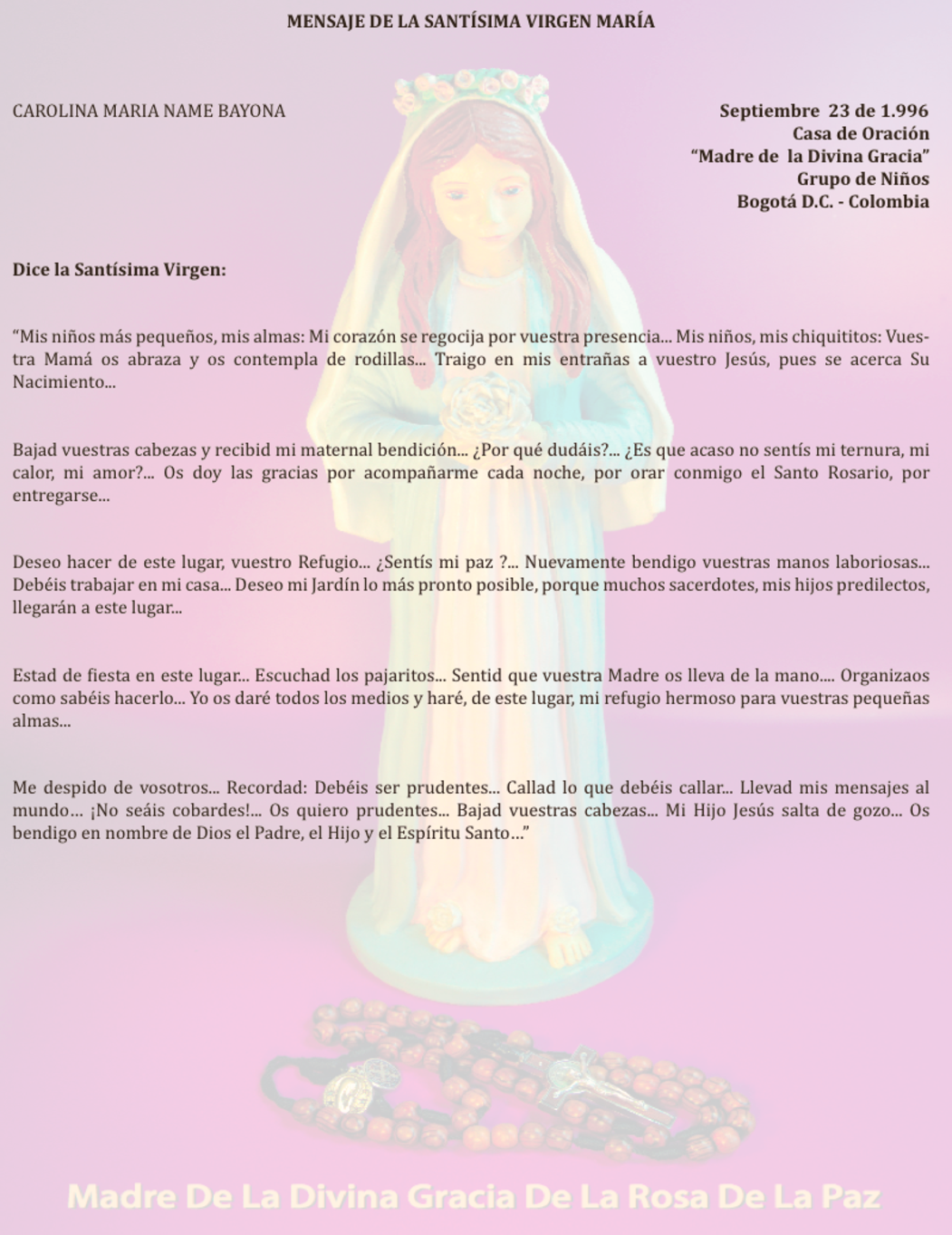 SEPT 23 de 1996 Bogotá Colombia - mensaje de la virgen