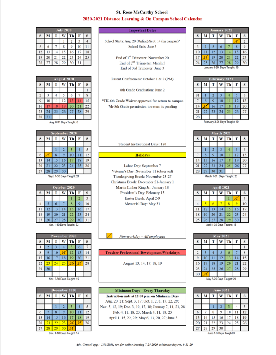 St. Rose-McCarthy Catholic School | School Year-at-a-Glance