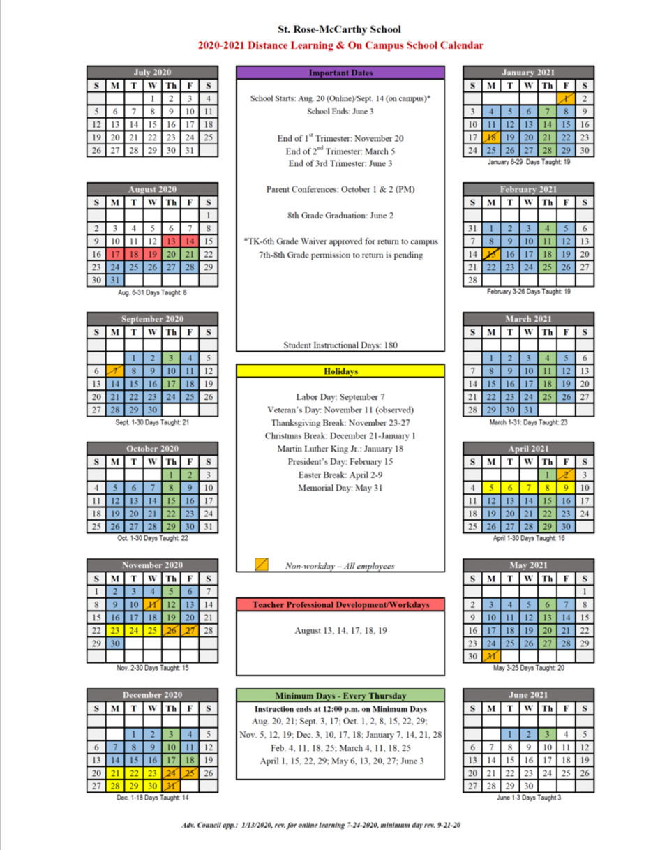 St. Rose-McCarthy Catholic School Calendar
