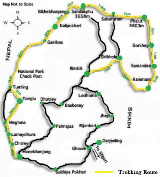 Map of Sandakpu and phalut trek route Darjeeling Tour