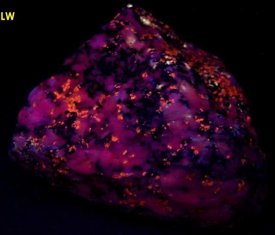 fluorescing Sphalerite, Franklinite-Magnetite, Diopside, Willemite, Calcite, Sterling Mine, Sterling Hill, Ogdensburg, Franklin Mining District, Sussex County, New Jersey, USA, ex Franklin Mineral Museum, ex Anthony Den Uyl