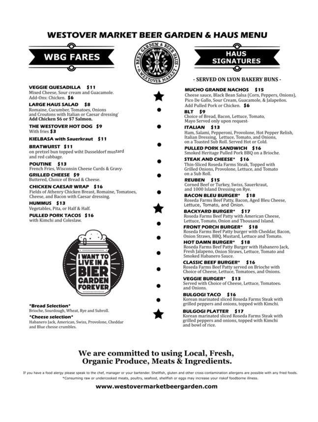 Westover Market & Beer Garden Menu