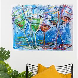 A row of vibrant, bold wine glasses. Abstract impressionism style. Lots of movement