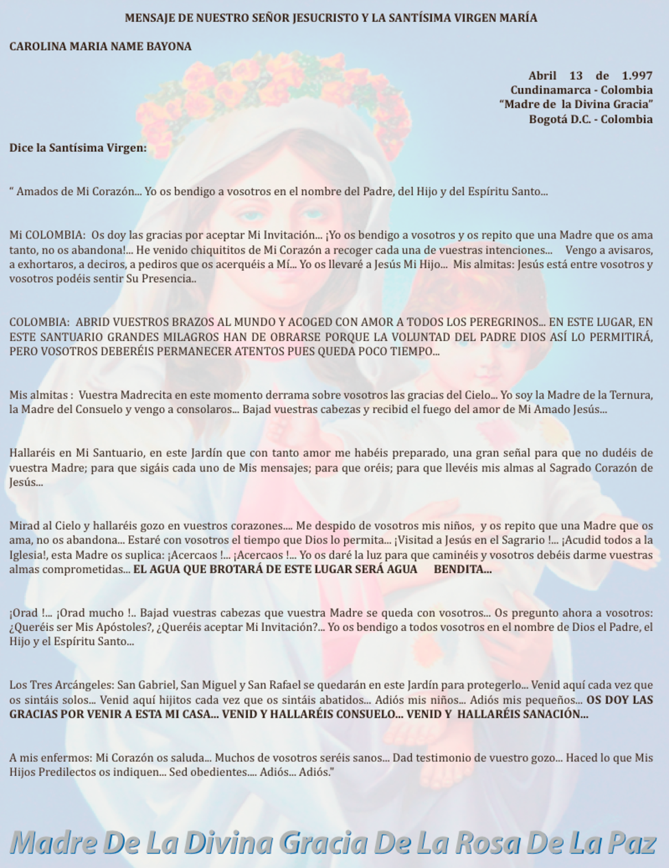 ABRIL 13 de 1997 Bogotá Colombia - mensaje de la virgen