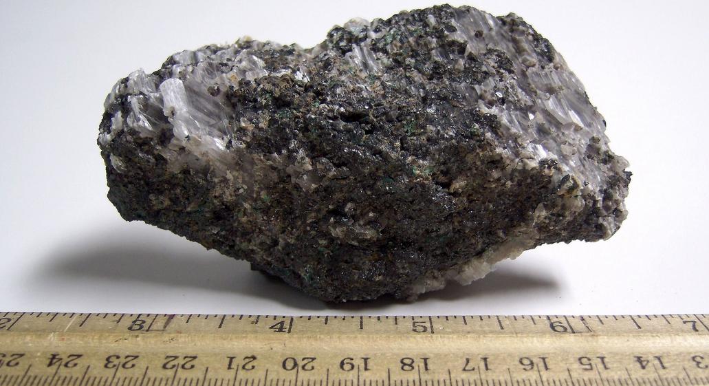 GYPSUM, MAGNETITE, fluorescent CALCITE, MALACHITE - Sterling Mine, Sterling Hill, Ogdensburg, Franklin Mining District, Sussex County, New Jersey, USA
