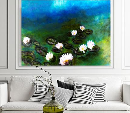 Navy blue abstract art with pink and white lillies
