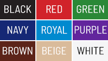 colors chart: black, green, navy, royal blue, red, orange, yellow, white, purple, burgundy, brown, beige