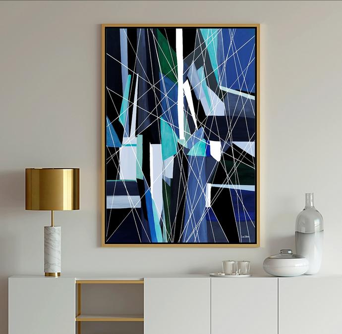 Blue Abstract abstract art in turquoise, tan, gray and white