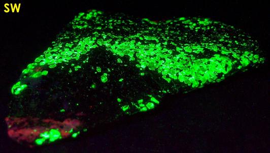 fluorescent WILLEMITE, ZINCITE, FRANKLINITE, Sterling Mine, Sterling Hill, Ogdensburg, Franklin Mining District, Sussex County, New Jersey, USA