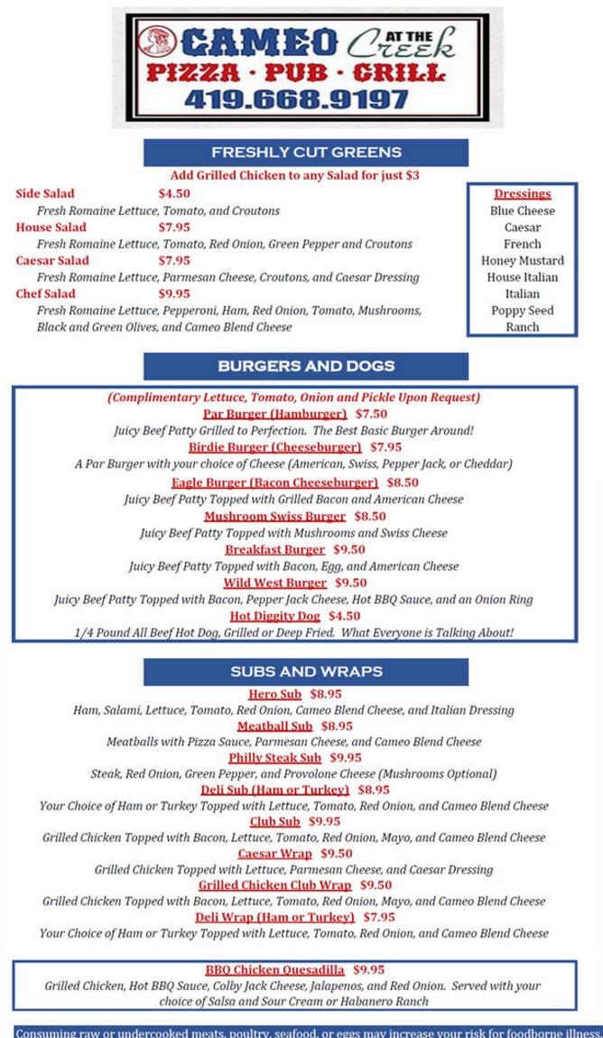 Menu Cameo At The Creek, Eagle Creek Golf Course, Norwalk, OH