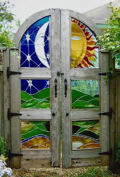 Stained Glass "El Sol y La Luna Garden Gate by Randall Soileau