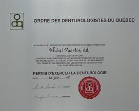 Diplôme Ordre des Denturologistes du Québec Michel Puertas Denturologiste Brossard-Laprairie